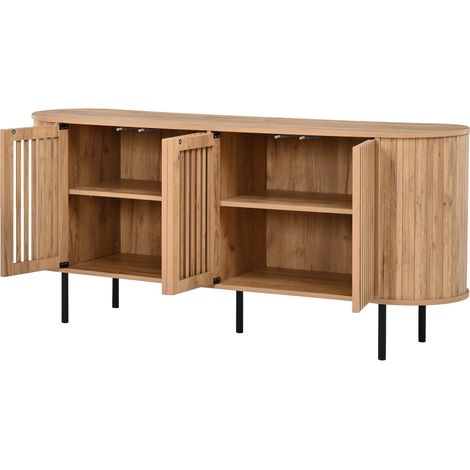 Aparador moderno de MDF 160x40x70 cm con 4 puertas correderas perforadas y patas metálicas (1/5)