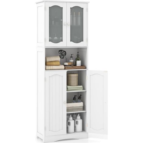 COSTWAY Meuble de Salle de Bain à 4 Portes et 1 Grand Compartiment Ouverte, Armoire Haute avec Porte en Verre Dépoli, Colonne Salle de Bain, pour Salon, Cuisine, 30 x 60 x 164 cm, Blanc (1/2)