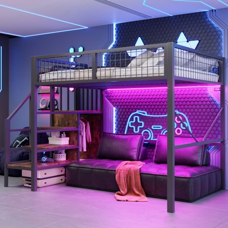 MODFU – Letto a soppalco 140x200 cm in metallo/legno con LED, scala contenitore e appendiabiti, carico 150 kg – Nero (1/5)
