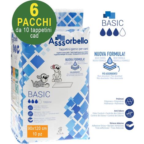 60 Tappetini igienici Asssorbello Basic 90x120 cm per cani - 6 pacchi da 10 pezzi cad.