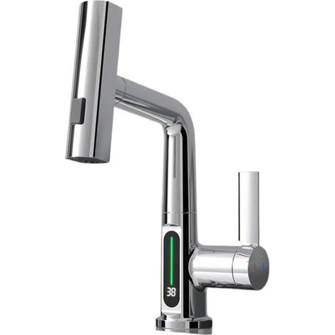 WASCHTISCHARMATUR Digitalanzeige, Herausziehen 3-Wege-Düse Niederschlag Stream,  Chrom