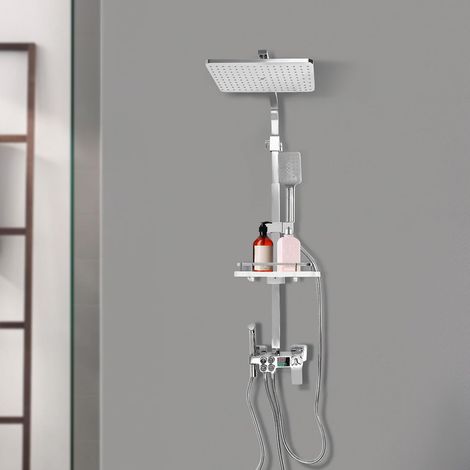 Silber Thermostat LCD-Regenduschset, Hausduschsystem, Edelstahl-Thermostat, Multifunktions-Duschset, Silber-Verstellbar, 73-116 cm