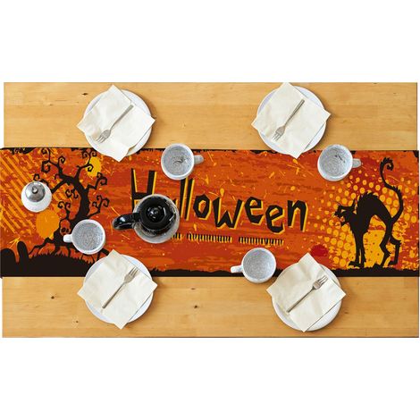 Chemise De Table Halloween - 183 Cm X 40 Cm - En Jute Naturel - Motifs Citrouilles Fantômes Chats - Pour Table Rectangulaire Salle À Manger Fête Thème - 1 Pièce (1/5)