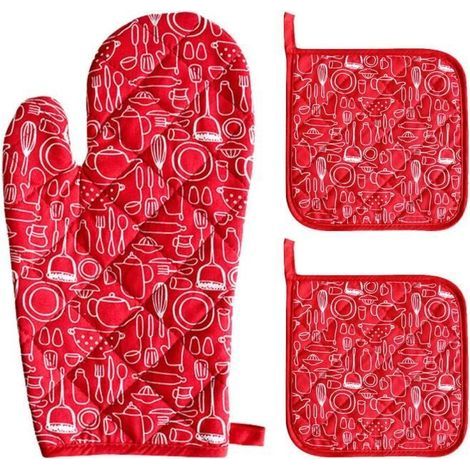 Loveing Heat-Resistant Kitchen Gloves - Red Cotton - 30x17cm - Includes 2 Pot Holders (1/4)