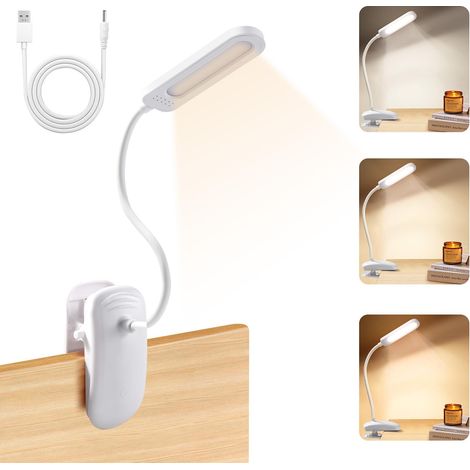Ansteckbare Schreibtischlampe mit USB-Adapter, wiederaufladbares LED-Leselicht, 360° flexibel, 3 Farben und dimmbar für Studium und Arbeit