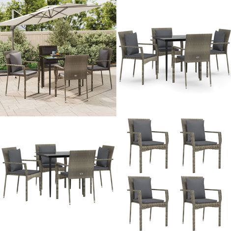 5-tlg. Garten-Essgruppe mit Kissen Schwarz und Grau Poly Rattan - Gartenessgruppe - Gartenmöbel (1/5)