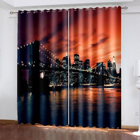 Rideaux à Oeillets pour Chambre d'Enfants - Paysage de Pont de Coucher de Soleil Rouge 72X84 Pouces Rideaux 3D - Rideaux perforés Opaques d'intérieur - Isolation et réduction du Bruit - Applicable à - (1/5)