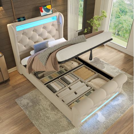 Bett mit Stauraum Samt Beige 90x200 cm, mit LED-Beleuchtung, USB- und Type-C-Anschlüssen (1/5)