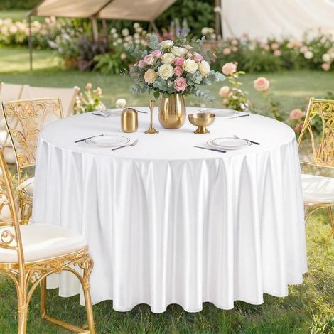 Nappe de table ronde en satin blanc 300 cm, lot de 2, lavable, polyester