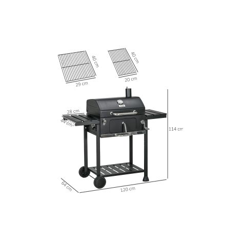 Barbecue au charbon, barbecue de camping avec deux grilles, tablettes latérales pliantes, chariot barbecue avec étagère et poignée, acier inoxydable noir (1/5)