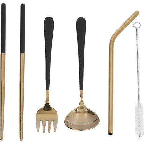 Ensemble de couverts portables en acier inoxydable 304 comprenant baguettes, cuillère, fourchette et paille, idéal pour l'extérieur. Noir et or (boîte de rangement noire). (1/5)