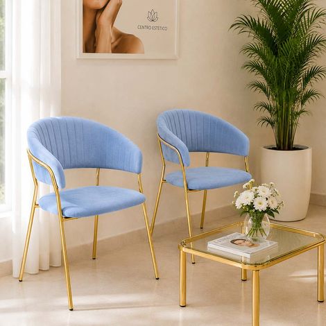 Lot de 2 chaises de salle à manger Aurelia avec dossier en velours bleu ciel (1/5)
