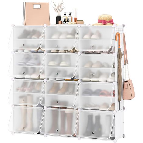 12 cubes meuble à chaussures portable, rangement jusqu'à 48 paires, avec 5 crochets et portes anti-poussière (1/5)