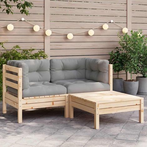 Gartenmöbelset 3-teilig mit grauen Kissen aus massivem Kiefernholz