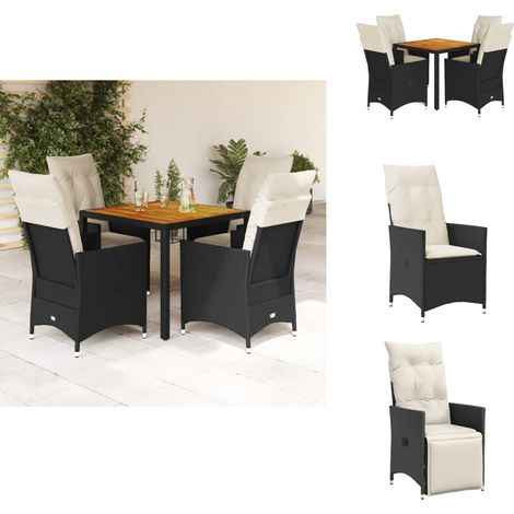 5-tlg. Garten-Essgruppe mit Kissen Schwarz Poly Rattan - Gartengruppe - Gartenmöbel - Esstisch - Relaxsessel - Lounge Sessel (1/5)