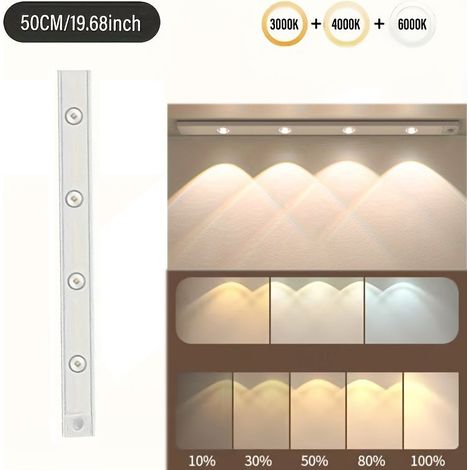 Bande LED avec détecteur de mouvement, 50 cm, 3 couleurs réglables, armoire, veilleuse de cuisine magnétique sans fil, chargement USB, 1000 pièces (1/5)