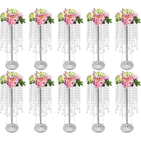 Lot de 10 supports de fleur en métal, 55cm hauteur, centre de table vase avec pendentif cristal, présentoir argent, pour décoration de mariage, fêtes, cérémonie et événement (1/5)