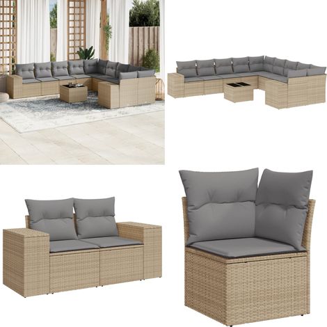 Set de sofás de jardín 11pzas con cojines ratán sintético beige - Muebles de exterior - Cojines para sofás