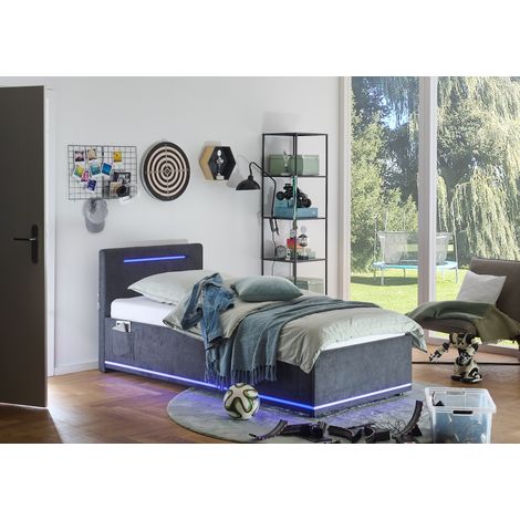 Meise Möbel Stauraumbett Circle 90x200 cm Bettkasten & Lattenrost (Federholzrahmen) LED & USB Strukturstoff Graphit Holzfuß schwarz (1/5)