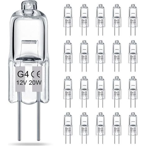 Lot de 20 ampoules halogènes transparentes G4, 12V 20W, culot à deux broches, pour lustres et éclairage d'armoire (1/5)