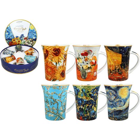 Carmani, lot de 6 tasses de 330 ml dans une boîte ronde - VAN gogh, assorties