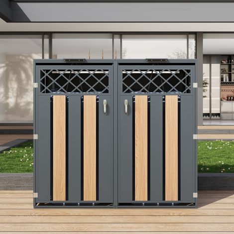Cache-poubelle Double 132x80x118,5 cm - Abri Poubelle 2 Portes avec Couvercle à Charnières, Rangement Verrouillable et Aération en Losange, Gris