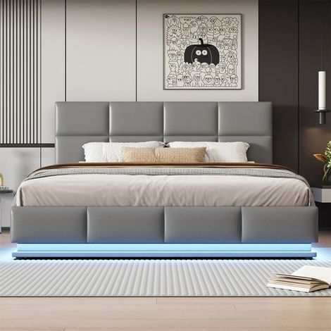 Lit coffre rembourré 180x200 cm - simili cuir gris, sommier à lattes, LED intégrée, rangement hydraulique