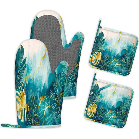 Ensembles de 4 Gants de Cuisine et Maniques Antidérapants en Silicone Motif Monstera Aquarelle Gants et Maniques de Cuisine Résistants à la Chaleur pour Cuisiner la Pâtisserie ou des Grillades (1/5)