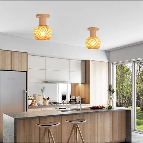 2pcs Rétro Plafonnier,15cm Lustre Plafonnier Industriel Abat-jour en Bambou et Bois Design Rond Luminaire Réglable,Salon (1/5)