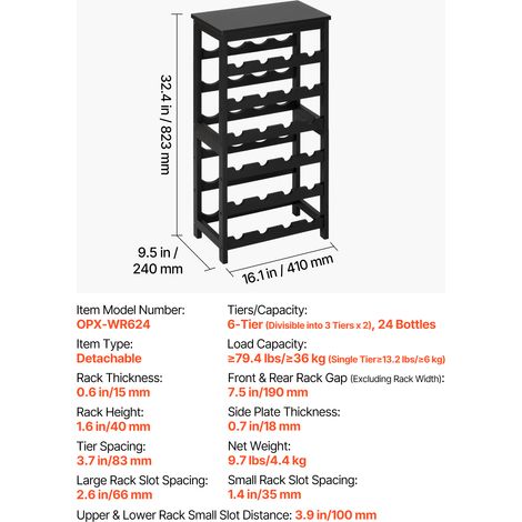VEVOR 24 Bottle Detachable Wine Rack, 6-Tier Wine Bottle Holder,Solid Bamboo Wood Freestanding Floor Display Wine Storage Shelves with Table Top, for Kitchen,Cellar,Bar,Dining Room,Living Room(Black) (1/4)