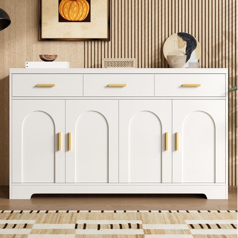MEUBLIV Aparador blanco 140 x 40 x 83 cm – 4 puertas curvas, 3 cajones, estantes regulables (1/5)