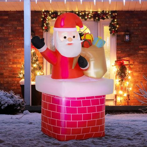 Outsunny – Père Noël gonflable 195 cm avec lumières LED blanches – Sac de cadeaux et cheminée – IP44 pour extérieur – Rouge (1/5)