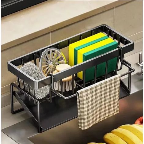 Porte-éponge pour évier de cuisine, organisateur d'éponge à vaisselle en acier inoxydable 304 antirouille avec support à torchon amovible (1/3)