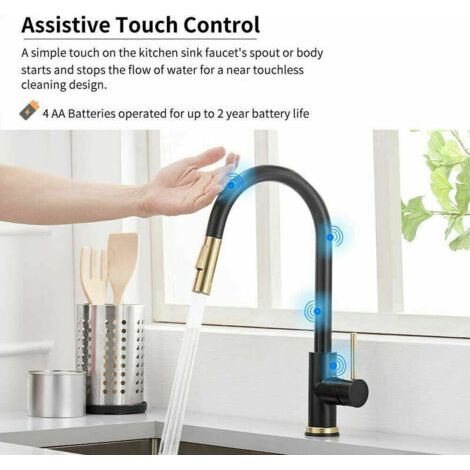 Robinet de cuisine tactile – Douchette extractible à 360° – Deux modes de jet – Acier inoxydable noir mat – Robinet mélangeur élégant et durable (1/4)