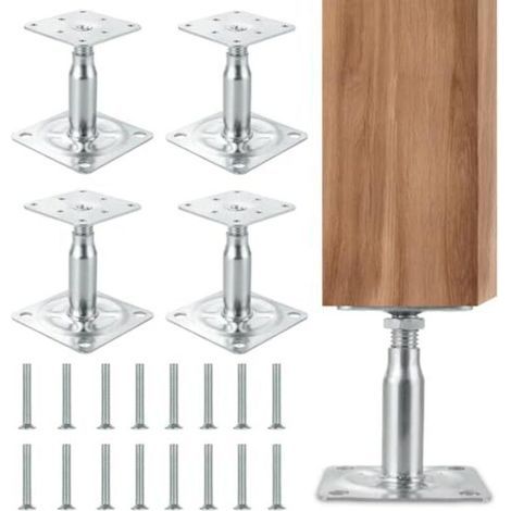 Lot de 4 supports de poteau réglables en hauteur, supports de poteau galvanisés, galvanisés, avec 16 vis, supports de poteau réglables pour bétonner, pieds de support pour abris (4p 1 (1/5)