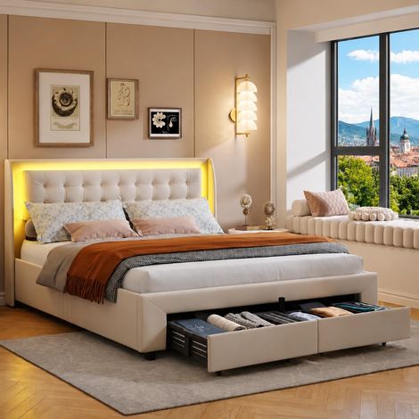 Lit coffre à tiroirs 160x200 cm – en velours beige – tiroirs de rangement (1/5)