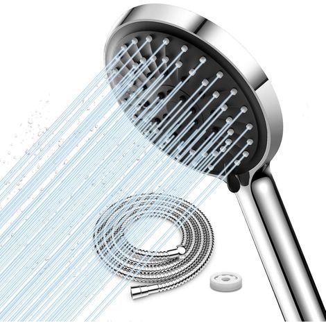 Chrom Duschkopf mit Flexibler Schlauch Edelstahl, Durchflussbegrenzer Filter (1/5)