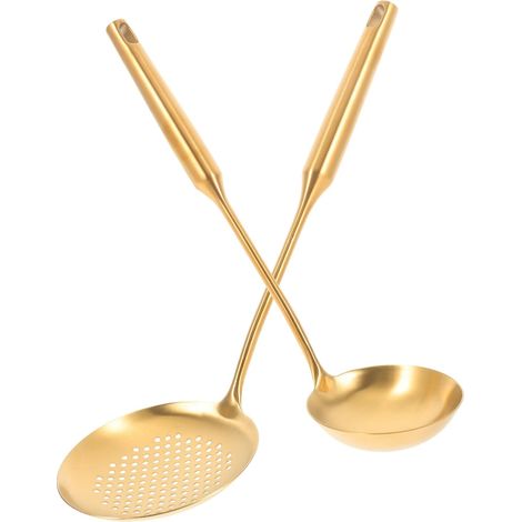 Lot 2 cuillères soupe inox doré manche long, épaisses pour soupe et aliments quotidiens (1/5)