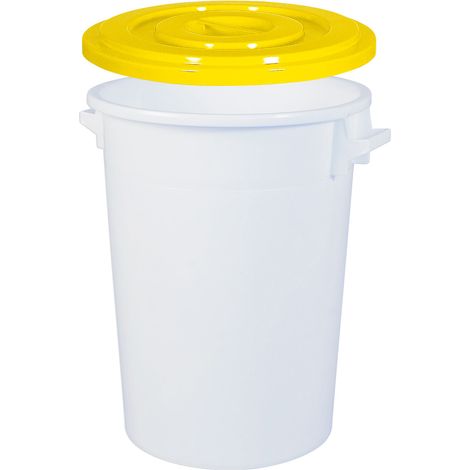 BRB 100 Liter Kunstofftonne, lebensmittelecht, Ø oben/unten 520/415 mm, Höhe 670 mm, weiß + Deckel, gelb