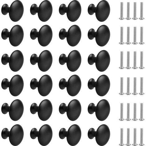 24 boutons de tiroir noirs mats, boutons de meuble ronds avec vis pour armoires de cuisine, tables, tables de chevet (30 mm)