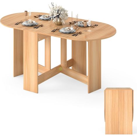 COSTWAY Table Extensible Salle à Manger pour 4-7 Personnes, Table Ronde Convertible avec 2 Rallonges Semi-ovales et Base en Croix pour Cuisine, Salon, Charge Max 60KG, 163 x 80 x 75CM (Naturel) (1/5)