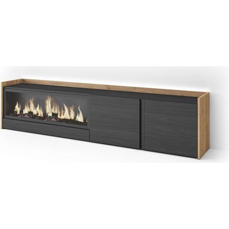 Mueble TV Riogordo-01 de 212x50x35 cm con chimenea y luces LED, color negro y roble (1/4)