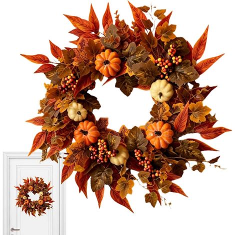 Couronne D'Halloween Guirlande Décorative Rustique D'Automne Fait Main Couronne Automnale Artificielle Citrouilles Feuilles Érable Pour Manteau De Cheminée, Porche, Thanksgiving, Récolte, Maison (1/5)