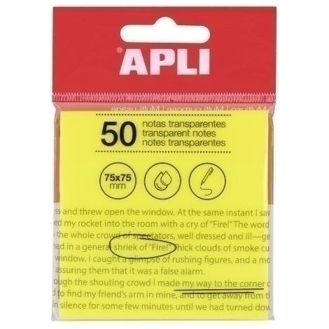 Bloc de 50 hojas de notas adhesivas transparentes de 75 x 75 mm en color amarillo.
Son ideales para hacer anotaciones rápidas, resaltar información im