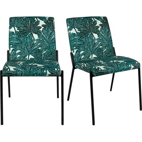Lot 2 chaises vertes tissu motif feuilles pieds métal noir - OFFICE 1685 (1/5)
