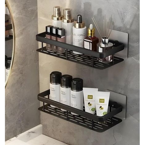 Estantería de baño de 2 piezas, Estantería de pared multifuncional autoadhesiva para el baño, Aleación de aluminio resistente a la corrosión (1/5)