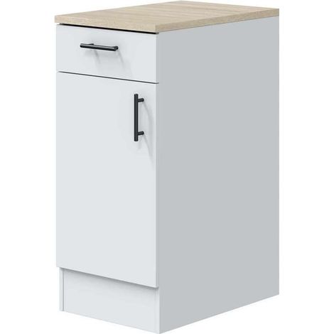 Mueble bajo para cocina 1 puerta 1 cajón Kira blanco brillo, encimera roble canadian. 90cm(alto) 40cm(ancho) 60cm(largo)