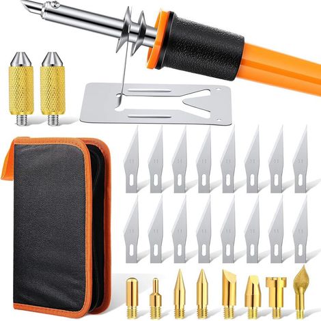 30-teiliges elektrisches Heißmesser-Schneidewerkzeugset, Mehrzweckmesser für Modellbau und Brandmalerei, mit 2 Metallständern, 16 Klingen und 2 Griffen. (1/5)
