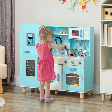 Cuisine en bois bleue pour enfants avec son poêle, robinet four, évier, micro-ondes, machine à laver, à glace