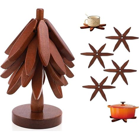 Dessous de verre bois plats chauds, dessous de verre forme arbre, 4 dessous de verre bois + 1 support, cuisine, décoration table protection (1/5)